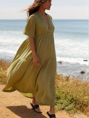 Olive Green V-Neck Midi Dress